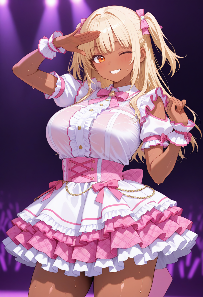 masterpiece,best quality,amazing quality, very aesthetic, ((outlined outlined vector graphics)), cute face, (glow eyes:0.5) ,  looking at viewer, cowboy shot,
1girl,20yo, (large breast:1.2), orange eyes, (blonde hair:1.3),long hair, (two side up:1.1), (dark skin:1.6), dark skin girl, (tall:1.2), (abs:0.7),bangs,
pink  clothes, (focus female), smile,action pose  , (clothed:1.1),
idol, idol outfit, japanese-idol-outfit, clothed, frilled dress,, idol stage, ,wink, sweat,
,  <lora:idol-outfit-il-20:1.0>