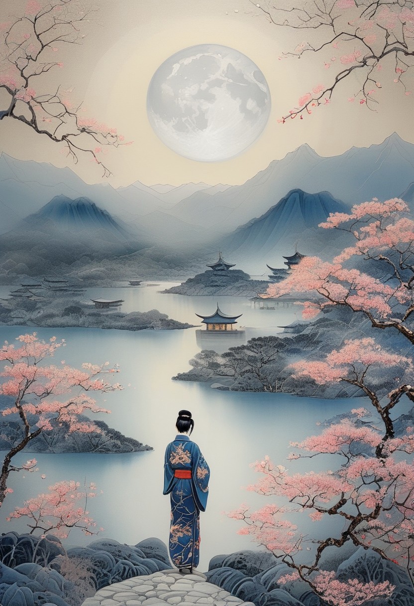 stunning artwork, psychodelic scenic japan night landscape, woman in kimono, ink wash, ukiyo-e, sakura garden, mountains, lake, perfect composition, full moon, haze, low angle, masterpiece, award winning,, ultra detailed, highly detailed, 8k, uhd, gold leaf, Japanese Garden,
