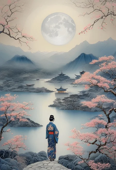 stunning artwork, psychodelic scenic japan night landscape, woman in kimono, ink wash, ukiyo-e, sakura garden, mountains, lake, perfect composition, full moon, haze, low angle, masterpiece, award winning,, ultra detailed, highly detailed, 8k, uhd, gold leaf, Japanese Garden,