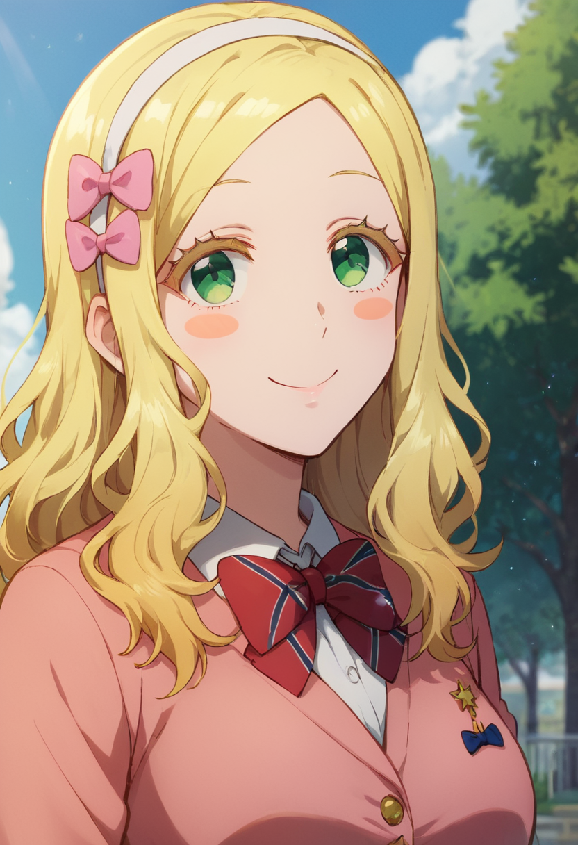 masterpiece,best quality, highly detailed, score_9, score_8_up, score_7_up, score_6_up,<lora:xl_more_art-full_v1:0.8>,
BREAK
 <lora:carol:0.8>carol,1girl, blonde hair, solo, green eyes, smile, hairband, bow, long hair, blush stickers, school uniform, looking at viewer, hair bow, breasts, upper body