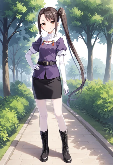 1girl, solo, park, full body, standing, <lora:KC_03HC_nachi_pony:1> nachikc, black_hair, side ponytail, very long hair, brown eyes, tsurime, nachidefkc, shirt_short_sleeves, purple shirt, military uniform, elbow gloves, white gloves, black belt, black skirt, pencil skirt, white pantyhose, boots,, score_9,score_8_up, score_7_up, source_anime, masterpiece, best quality, official art, official style, game cg, megami magazine, rating_safe, rating_questionable, <lora:Fixhands_anime_bdsqlsz_V1:0.75>, NEGATIVE_HANDS