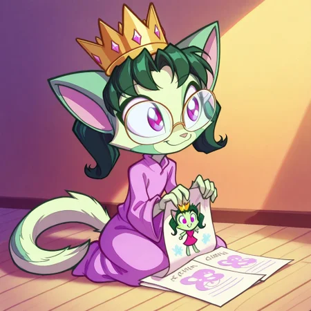 Dreamkeepers,1girl,prelude_lilith,solo,furry,tail,green hair, source_furry,glasses,magenta eyes,
child, kid,
paper crown, handmade, DIY, childhood, smiling, cute, indoors, warm lighting, soft shading, joyful, proudly wears a handmade paper crown, decorated with crayon scribbles. She sits on the floor, grinning as she pretends to be royalty in her imaginary kingdom