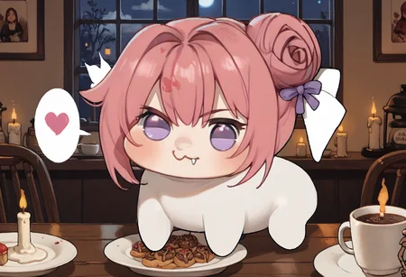 score_9, score_8_up, score_7_up BREAK 1girl, solo, doro, creature, chibi, :3, no humans, solid circle eyes, spoken heart, white skin, pink hair, purple eyes, hair bun, hair bow, no pupils, cute fangs, night, candles, coffee mug, dinner, indoors <lora:poch4n_pd:1> <lora:Doro_X_PDXL_V1:1>