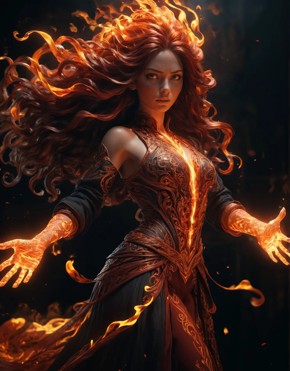 Woman with fiery hands, CGI style, intricate details, dynamic lighting, dramatic pose, dark background, traditional hand-drawn animation elements, flowing hair, glowing flames, detailed clothing, cinematic effect, high contrast