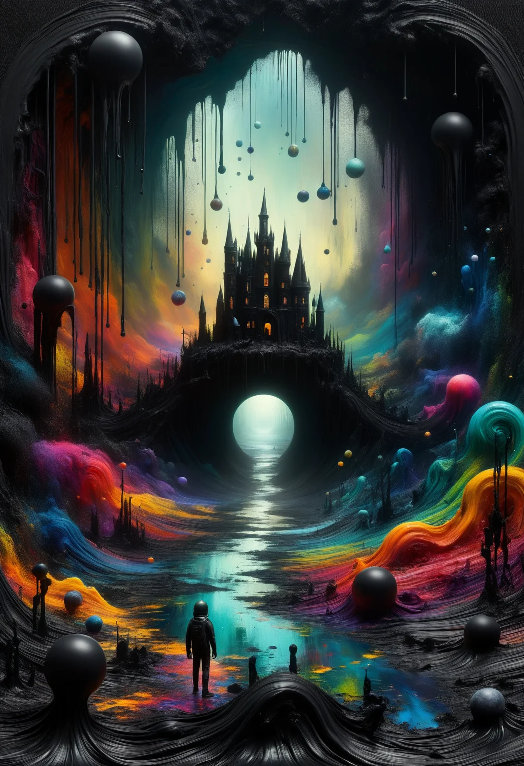 DonMP41n717Bl4ckXL ruined kingdom, bog,teleportation,plankton,cosmic mysteries, vibrant colours, black paint <lora:DonMP41n717Bl4ckXL-000008:1>
