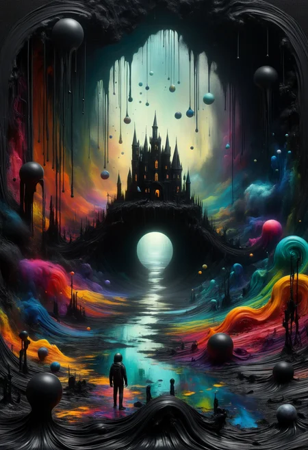 DonMP41n717Bl4ckXL  ruined kingdom, bog,teleportation,plankton,cosmic mysteries, vibrant colours, black paint <lora:DonMP41n717Bl4ckXL-000008:1>
