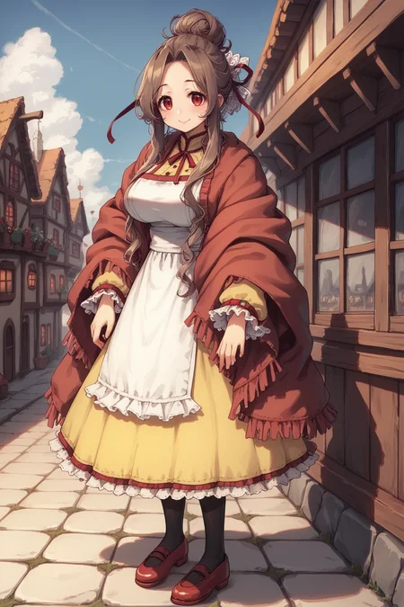 score_9, score_8_up, score_7_up, score_6_up, source anime, BREAK, <lora:Mistel:0.7> , misdef, 1girl, long hair, brown hair, red eyes, hair bun, hair ribbon, ribbon, dress, yellow skirt, frilled cuffs, red shawl, white apron, apron, black pantyhose, red shoes, full body, looking at viewer, smile, happy, mommy, motherly, closed mouth, serene, large breasts, (mature woman), <lora:zy_Detailed_Backgrounds_v1:0.3> , detailed background, highly detailed, exterior, town, village, <lora:d4rkpurpXLP:0.6> , d4rkpurp, (solo),