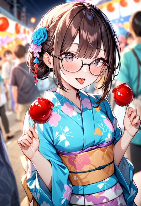 masterpiece, best quality, very aesthetic, absurdres,
ringoame, food, japanese clothes, candy apple, kimono, 1girl, glasses, brown hair, solo focus, hair ornament, yukata, festival, licking, tongue, sash, blue kimono, black eyes
 <lora:ringoame_SDXL_V1:1>