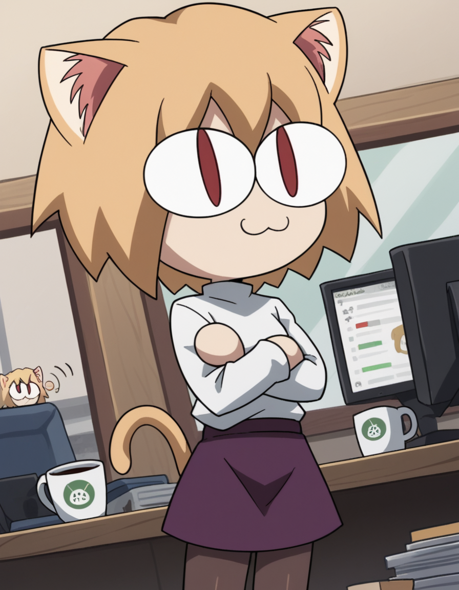score_9, score_8_up, score_7_up, source_anime, <lora:carnivalphantasm-neco-arc-ova-ponyxl-lora-nochekaiser:1>, neco arc, short hair, blonde hair, red eyes, animal ears, tail, cat ears, chibi, cat tail, slit pupils,, skirt, pantyhose, sweater, purple skirt,, home office, working from home, computer screen, coffee cup, focus, deadline, , , crossed arms, smug, solo,, dutch angle, cowboy shot