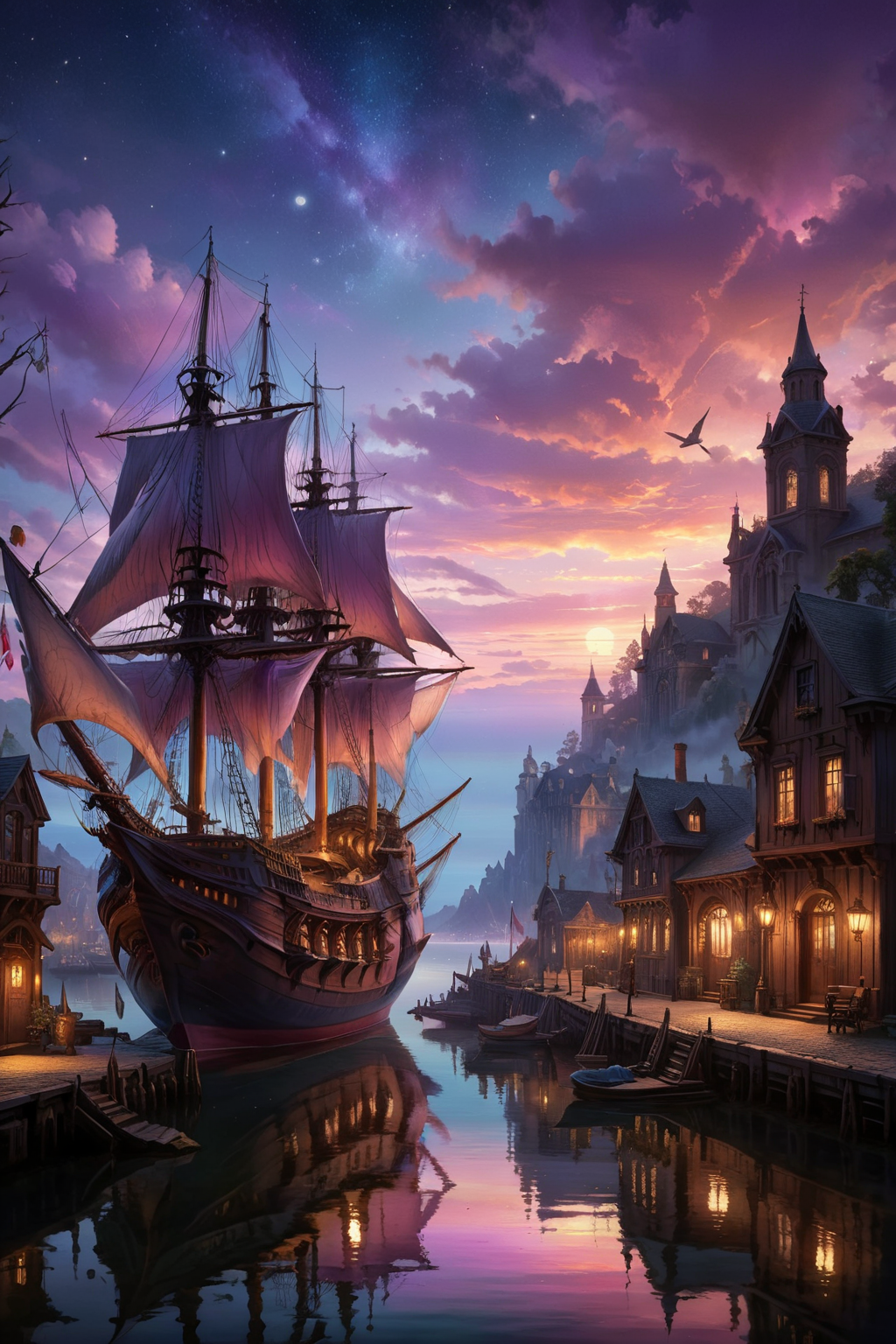 A detailed and realistic scene set in the Victorian era, showcasing a tranquil harbor at dawn. The docks are lined with intricate Victorian-style ships, their masts and sails gently touched by the soft, pastel light of early morning. The small town in the background is filled with Victorian architecture, including charming buildings and cobblestone streets, creating a picturesque and nostalgic atmosphere. The sky is painted with subtle hues of pink, lavender, and gold, enhancing the surreal and dreamy quality of the scene. The calm water reflects the delicate morning light, adding a magical and almost ethereal glow to the entire setting. The environment is rich with textures and details, from the weathered wood of the ships to the intricate facades of the buildings, all contributing to a hyper-realistic yet fantastical feel.
<lora:ral-mtclniscp-sdxl:0.7> ral-mtclniscp,
<lora:add-detail-xl:1.0>,
<lora:EnvyBetterHiresFixXL01:1.0>,
<lora:extremely_detailed:1.0>, extremely detailed,
<lora:EldritchMixIllustration_1.1:0.25>,
<lora:zavy-mthcl-sdxl:0.7> zavy-mthcl,