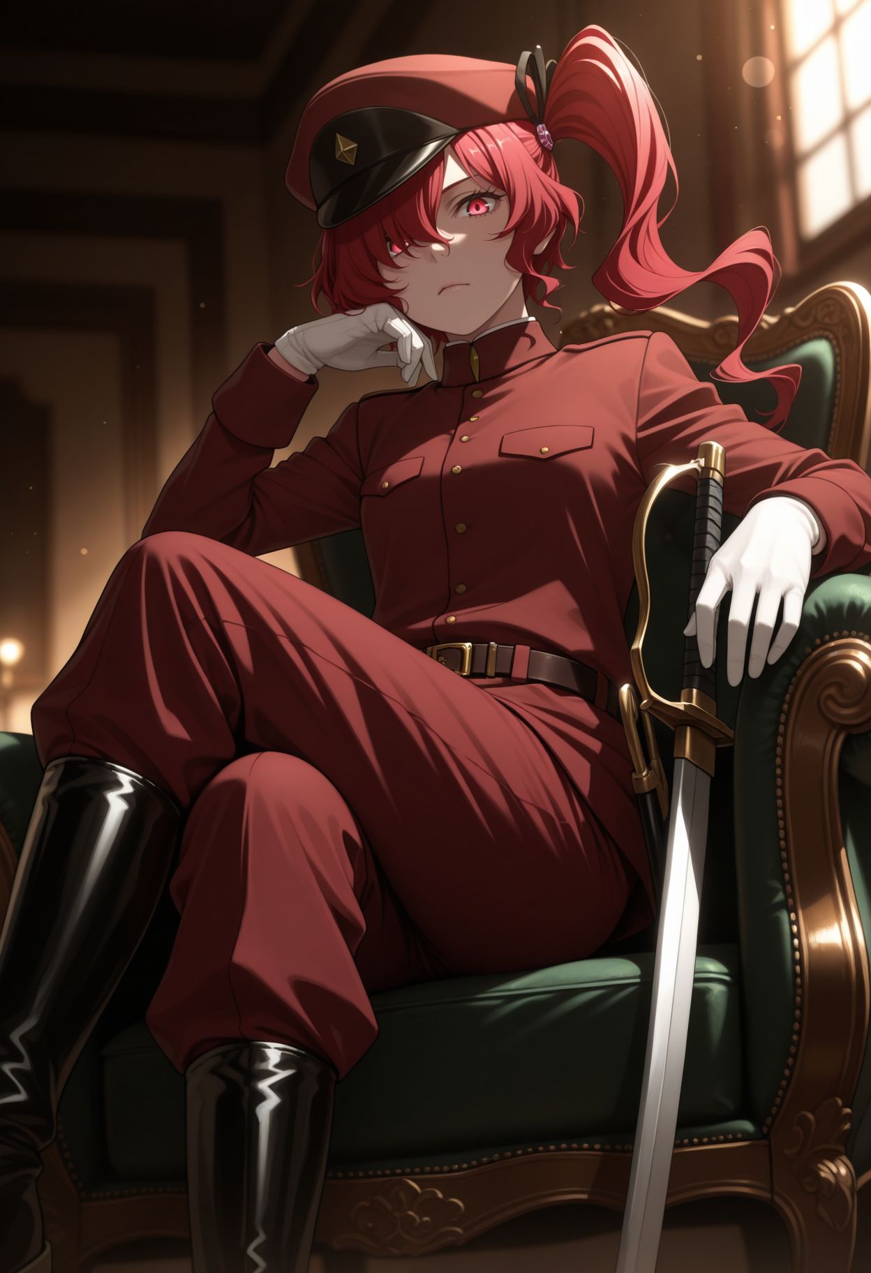 masterpiece,best quality,absurdres,highres,very aesthetic,high quality,detailed,insanely detailed,beautiful,perfect lighting, ,depth of field,blurry background,bokeh, looking at viewer,
  <lora:Teruko Ôkura illu:1> 1girl, red hair, side ponytail, red eyes, long hair, military uniform, hat, white gloves, belt, red pants, boots, red hair, military uniform, boots, sitting, hat, side ponytail, crossed legs, weapon, sword, 1girl, hair over one eye, red eyes