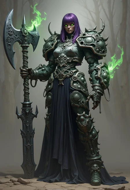 (score_9, score_8_up, score_7_up) marble face, skull arms, dark skin, ((stone golem woman)), strong body, Mature, mature face, 35 years, large face,fringe, a lob short straight deep purple hair, hands holding axe craved with skulls Black flame flows arround it, in fighting posture, crazy face, large Blade of darkness, homare style, octane render, high detailed, ultra realistic, volumetric, pov green eyes, green lips, boots high heels, Black battle dress, front view