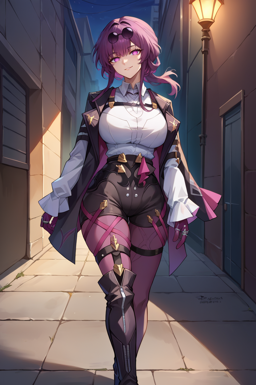 score_9, score_8_up, score_7_up, score_6_up, source_anime, 1girl, solo, <lora:kafka-pdxl-nvwls-v1-000005:1> hsrkf, purple hair, purple eyes, blank eyes, ponytail, sunglasses on head, black jacket, collared shirt, white shirt, long sleeves, high-waist shorts, black shorts, purple gloves, black shorts, purple straps, thigh straps, purple pantyhose, single thighhigh, boots, large breasts, alleyway, smirk, beckoning, looking at you, walking, night, dark