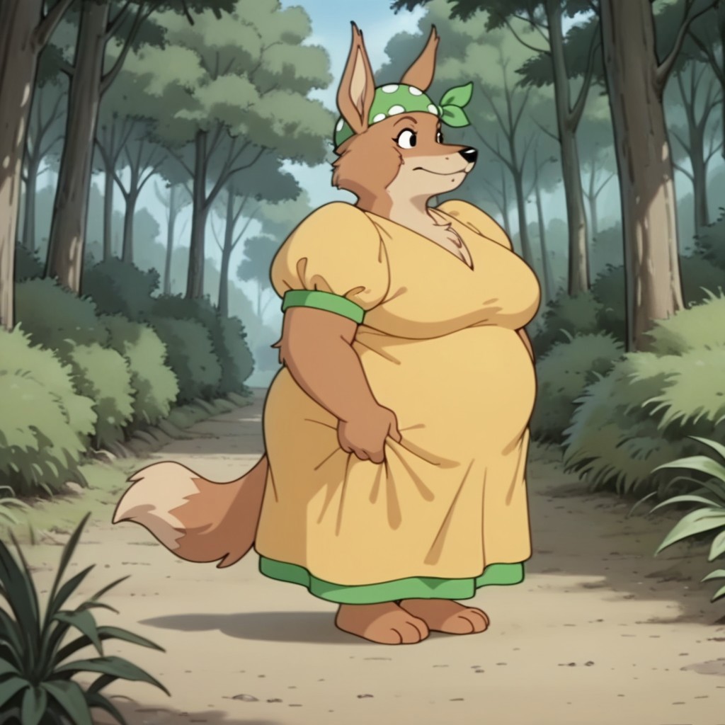 masterpiece, best quality, amazing quality, madingoil, semi-anthro, female, dingo, brown fur, black eyes, tail, yellow dress, green trim, green bandana, white dots,, forest, 1girl, fat