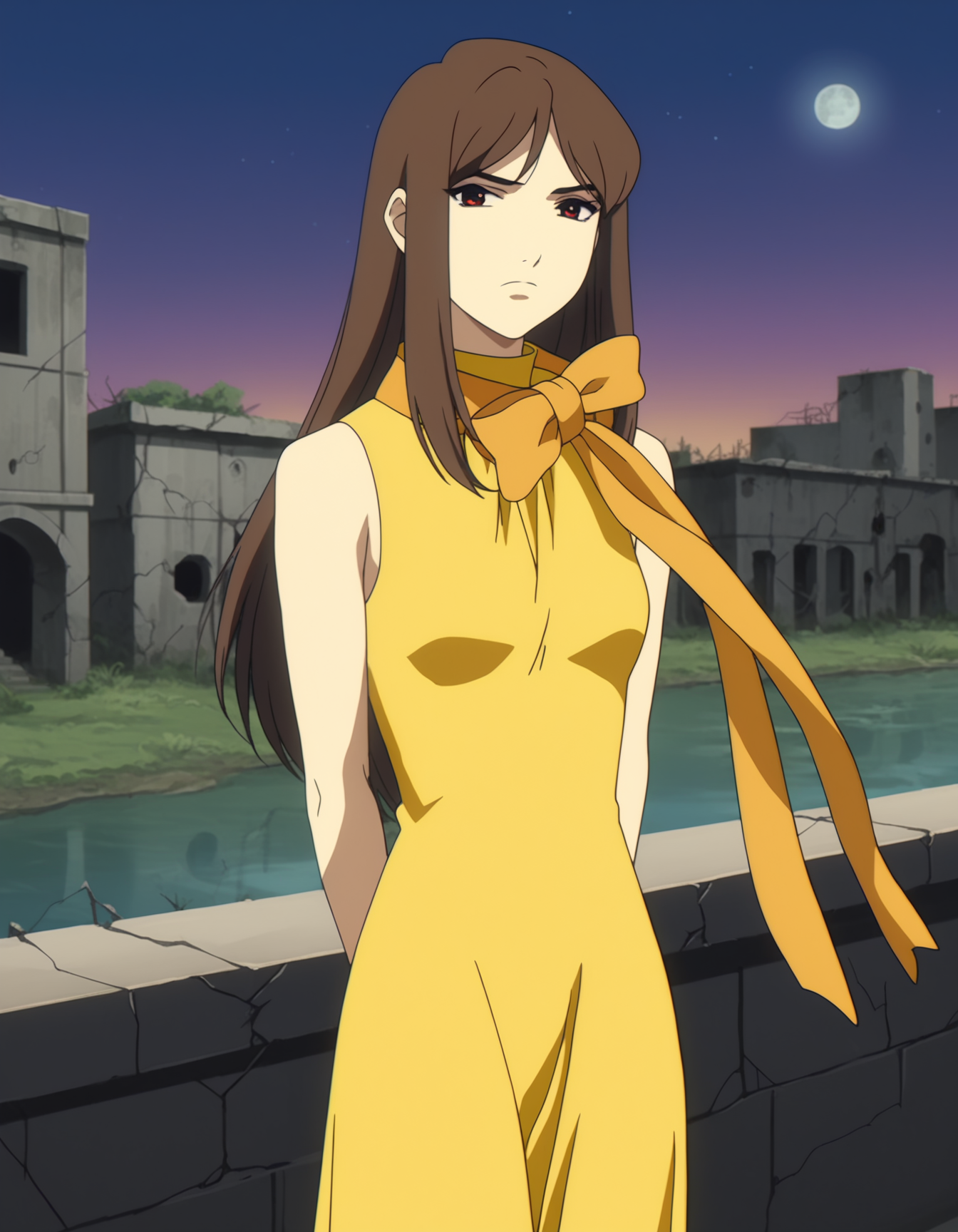 score_9, score_8_up, score_7_up, 1girl, solo, re1kam1shima, anime coloring, anime screencap, brown hair, red eyes, long hair, standing, orange scarf, long scarf, serious, looking at viewer, yellow dress, sleeveless dress, long dress, turtleneck dress, long sidelocks, graffiti, cracks, night, <lora:Reika_Mishima_Pony_v2:1.0> ,  arms arms behind back, (ruins:1.3), lake, outdoors, purple sky, moon, parted hair,