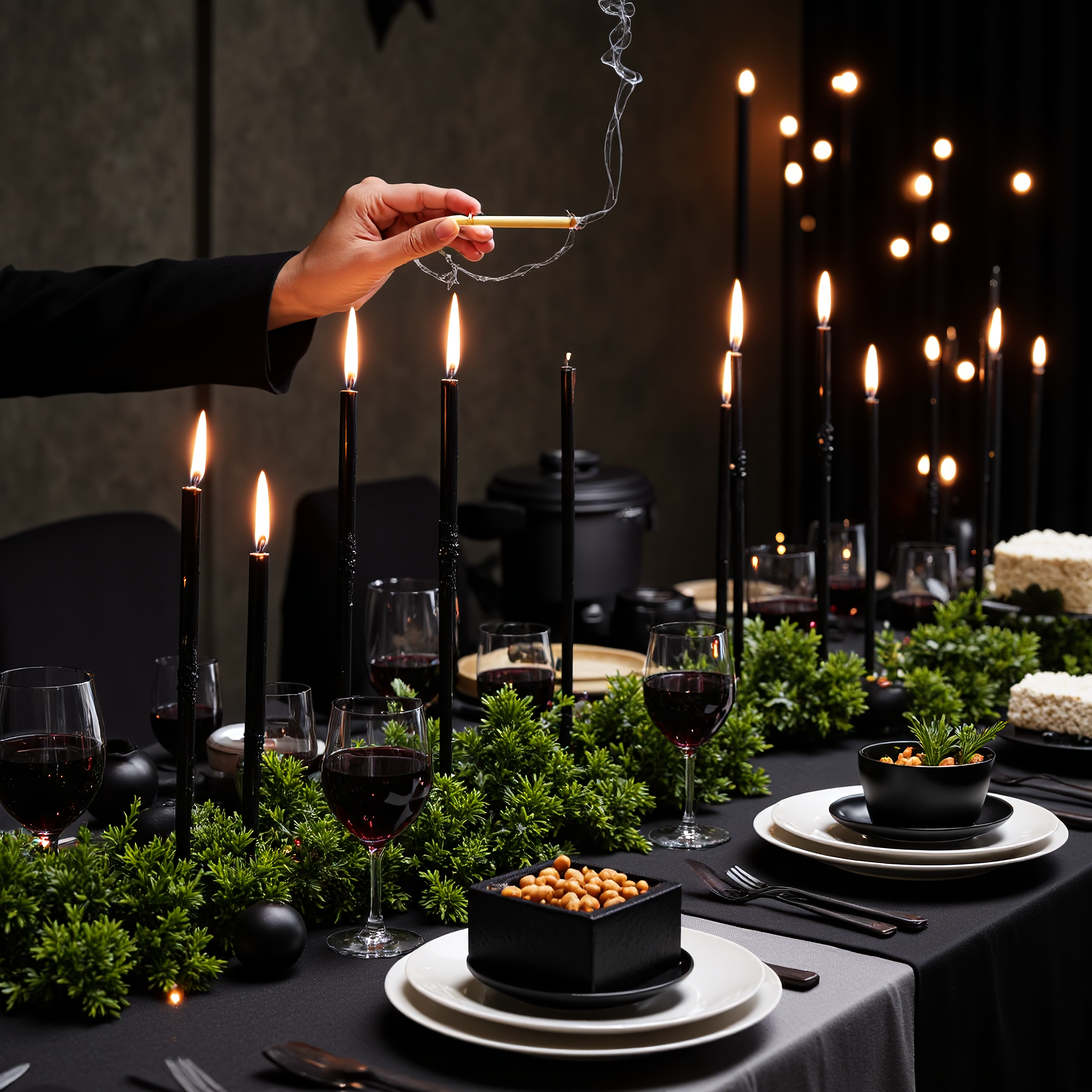 A lavishly decorated dark, opulent dining table setting.  Hyperphotorealistic. Long, tapered black candles in elegant holders, casting warm, diffused light. Several stemmed glasses of red wine positioned amongst the greenery garland. Small bowls of nuts are distributed on the table. Black gift boxes are strategically placed. The table is draped with a dark gray/black tablecloth. Greenery garlands and small, warm white string lights create a beautiful ambiance. A hand is depicted lighting one of the candles. A background of a textured, muted gray-stone wall with a subtle, scattered light-effect above the table gives a sense of depth. Emphasis on sharp details, rich blacks, elegant lines, natural textures of the greenery, and the warm glow of the candlelight. The lighting should be warm, dramatic, and focused on the table, with diffused shadows to create depth. The overall impression is of a sophisticated, contemporary, and festive dining experience. Consider an artistic style like impressionism in the rendering of light and shadow.