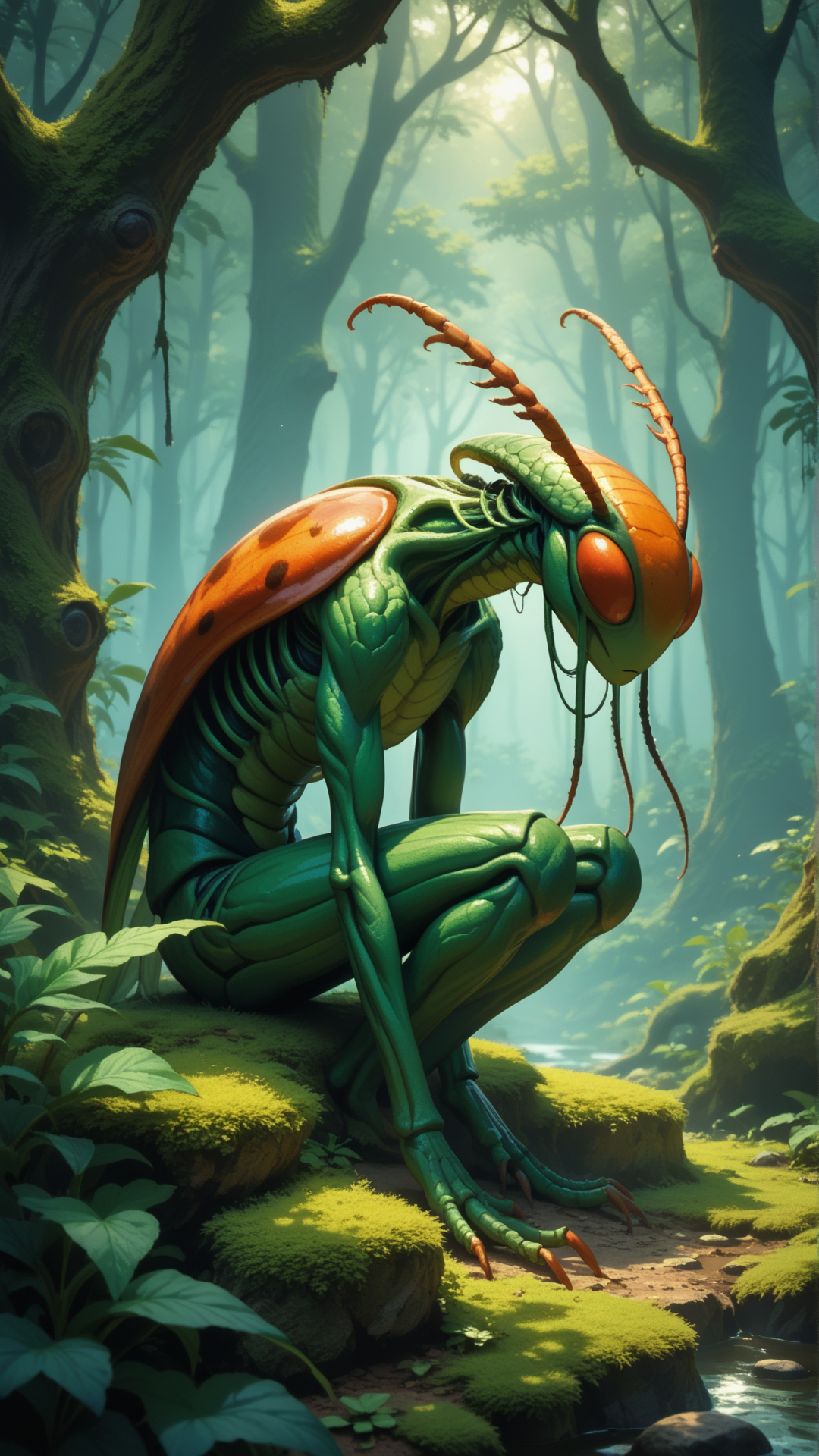 score_9, score_8_up, score_7_up, score_6_up, <lora:InsectHybridPDXL:0.7>insecthybrid preying mantis, hybrid,  the hybrid is Doyle Brunson, in location in an enchanted forest glade, discovering a magical glade in the heart of a forest, Sitting with legs extended and leaning forward, , humanoid