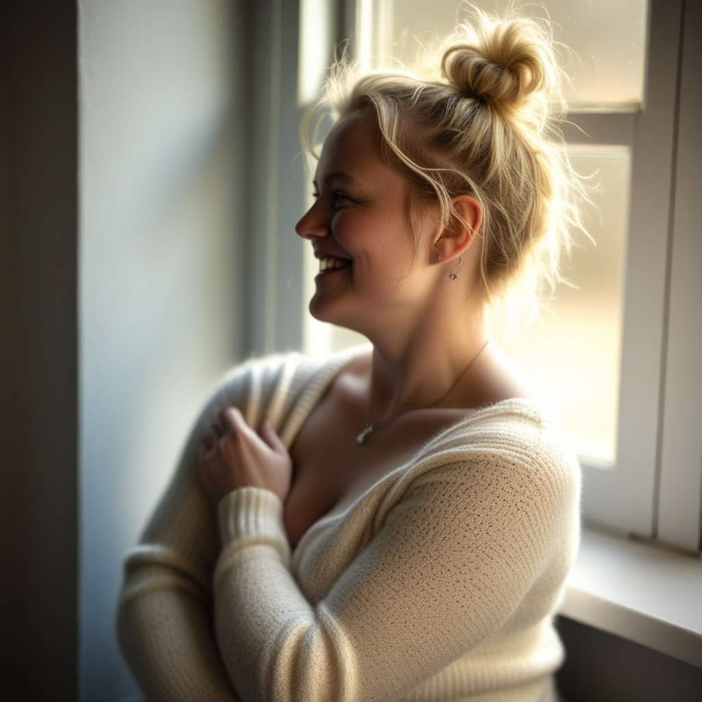 A vibrant 35-year-old woman with a healthy, toned figure sits curled comfortably near a large sunlit window, captured in a soft, intimate half-body close-up. She wears a thick, fitted cream sweater that hugs the soft curves of her chest and waist, the cable-knit fabric outlining the gentle rise of her full, natural breasts without being revealing. Her fair skin glows under the diffused window light, faint freckles scattered across her exposed neckline. Her messy blonde bun and a few loose tendrils frame her heart-shaped face perfectly. She laughs brightly, tilting her head slightly, her bright blue eyes sparkling with warmth and her silver crescent moon necklace catching a glint of afternoon sun.