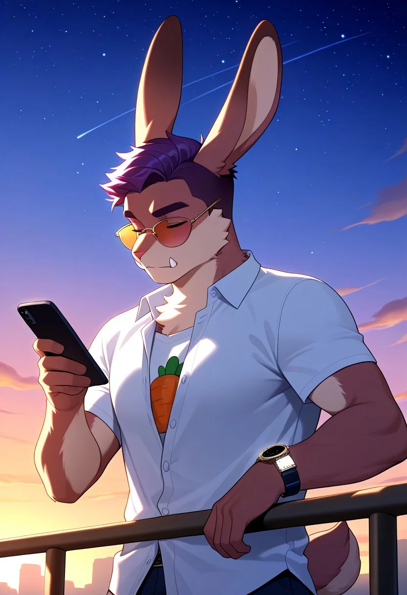 d up, twilight, 1boy, animal ears, closed eyes, short hair, purple hair, rabbit ears, rabbit tail, very short hair, watch, shirt, t-shirt, short sleeves, sunglasses, phone, cellphone, outdoors, smartphone, solo, holding, unbuttoned, tail, male focus, upper body, print shirt, wristwatch, furry, furry male, white shirt, holding phone, closed mouth, animal nose, sky, body fur, railing, hand up, sunset, against railing, snout, tinted eyewear, rabbit boy, star (sky), starry sky, tusks, masterpiece, best quality, very aesthetic, absurdres
