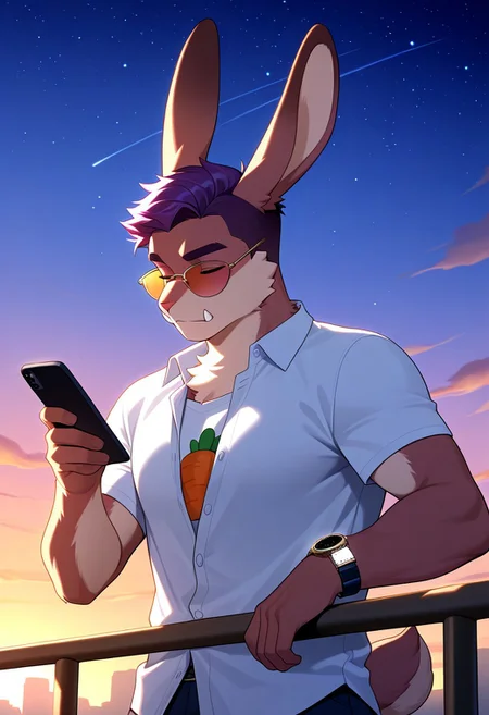 d up, twilight, 1boy, animal ears, closed eyes, short hair, purple hair, rabbit ears, rabbit tail, very short hair, watch, shirt, t-shirt, short sleeves, sunglasses, phone, cellphone, outdoors, smartphone, solo, holding, unbuttoned, tail, male focus, upper body, print shirt, wristwatch, furry, furry male, white shirt, holding phone, closed mouth, animal nose, sky, body fur, railing, hand up, sunset, against railing, snout, tinted eyewear, rabbit boy, star (sky), starry sky, tusks, masterpiece, best quality, very aesthetic, absurdres