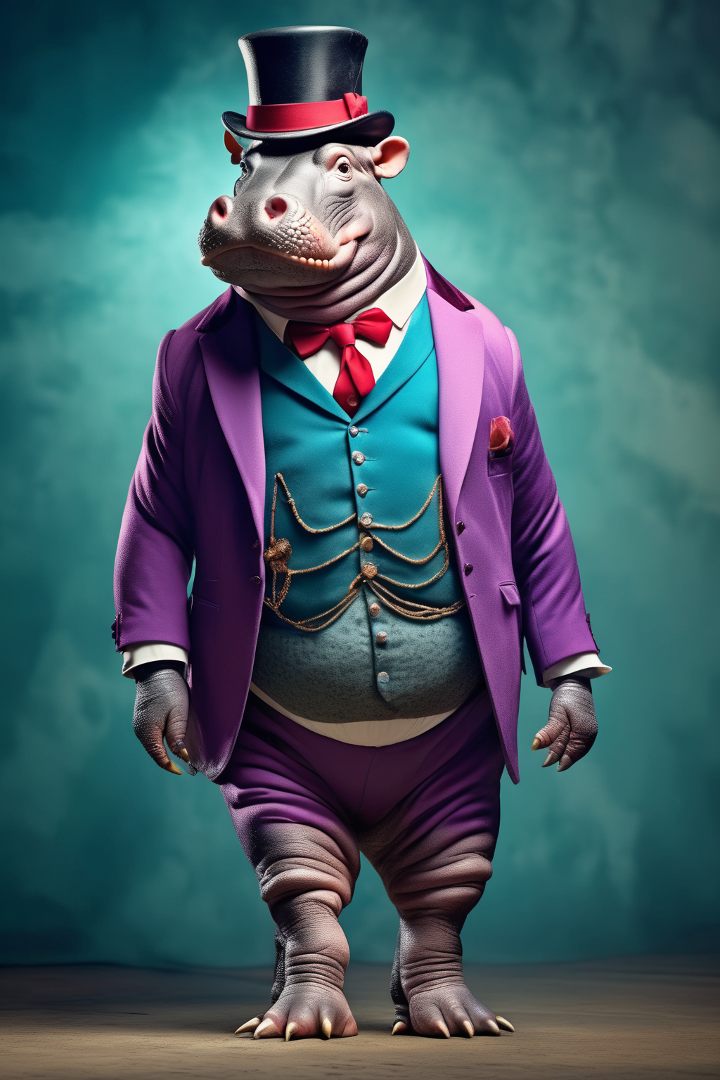 <lora:Dressed animals:1>Dressed animals - full body portrait of A Hippo animal Mafia in a mafia circus color suit with a top hat in the style of a Marionette. Happiness. exaggerated. Advertising. Photography studio background. Studio lighting. 8k. Cinematographic.