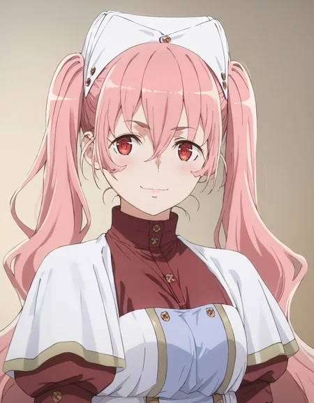 score_9, score_8_up, score_7_up, source_anime, BREAK
1girl, looking at viewer, simple background, smile, upper body, portrait,
heith velvet (danmachi s5), long hair, pink hair, twintails, hair between eyes, red eyes,
nurse outfit, nurse cap, red dress, white apron, puffy sleeves,
<lora:heith_velvet-danmachi_s5-anime-soralz:1>