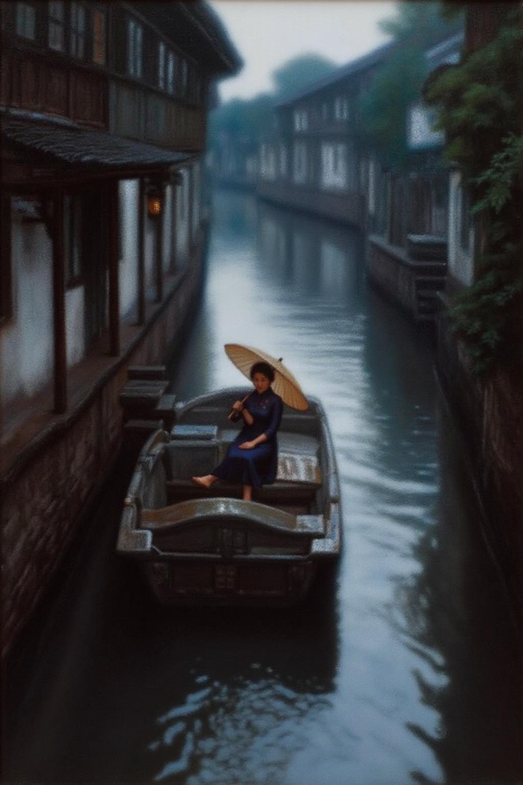 chenyifei2 painting of a woman sitting a flat-bottomed boat as it glides along a narrow canal. She is dress in cheongsam and holding a parasol. <lora:chenyifei2_cap_d6a3:1.0><lora:839848921934211880:0>