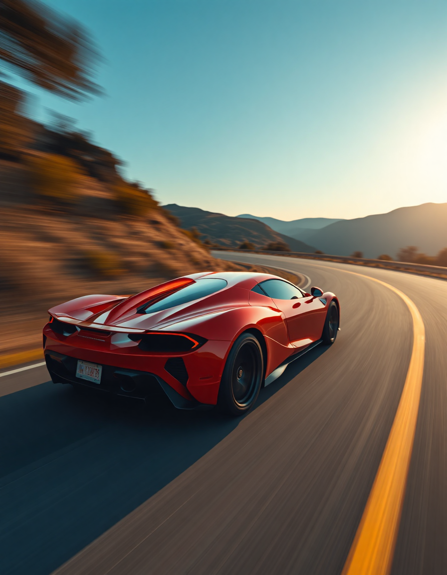 A sleek, low-slung sports car, painted a vibrant Titian red, hurtles down a winding road. The car's lines are sharp and aerodynamic, with exaggerated curves that accentuate its speed. The motion blur is pronounced, capturing the blur of the wheels and the streaking taillights. The background is a blurred landscape of rolling hills and a clear blue sky. The sun glints off the polished paintwork, creating a shimmering effect. The car's headlights pierce the twilight, illuminating the path ahead.