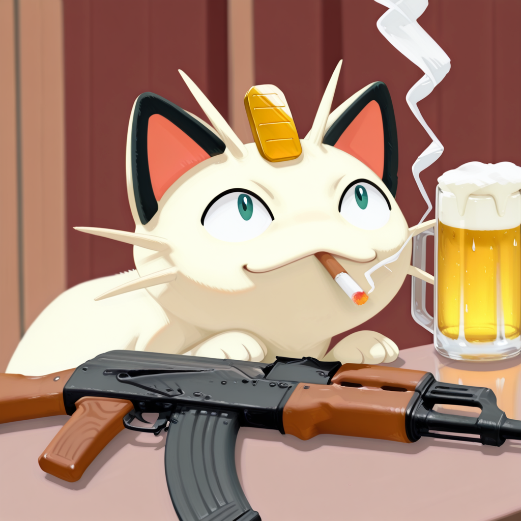 embedding:IllusP0s, g00se, meowth_\(pokemon\), ak-47, assault rifle, animal focus, cute, no humans, close-up, smoking cigarette, beer mug, bar, holding<lora:g00se_v2_ill.safetensors:1.0:1.0> <lora:ak-47.safetensors:1:1>