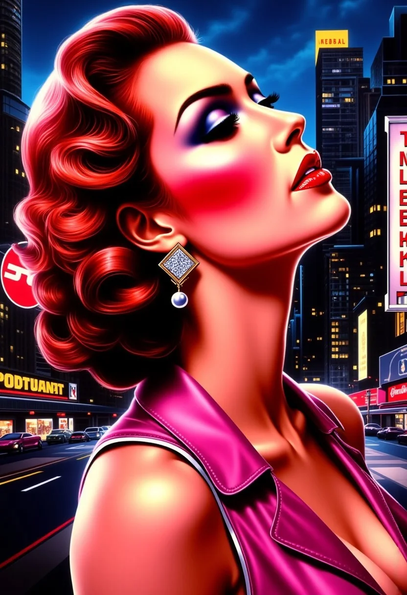 A bold and glamorous female figure with 1950s Hollywood waves and sparkling earrings, leaning confidently against a neon city backdrop, illustration in the style of BRSH