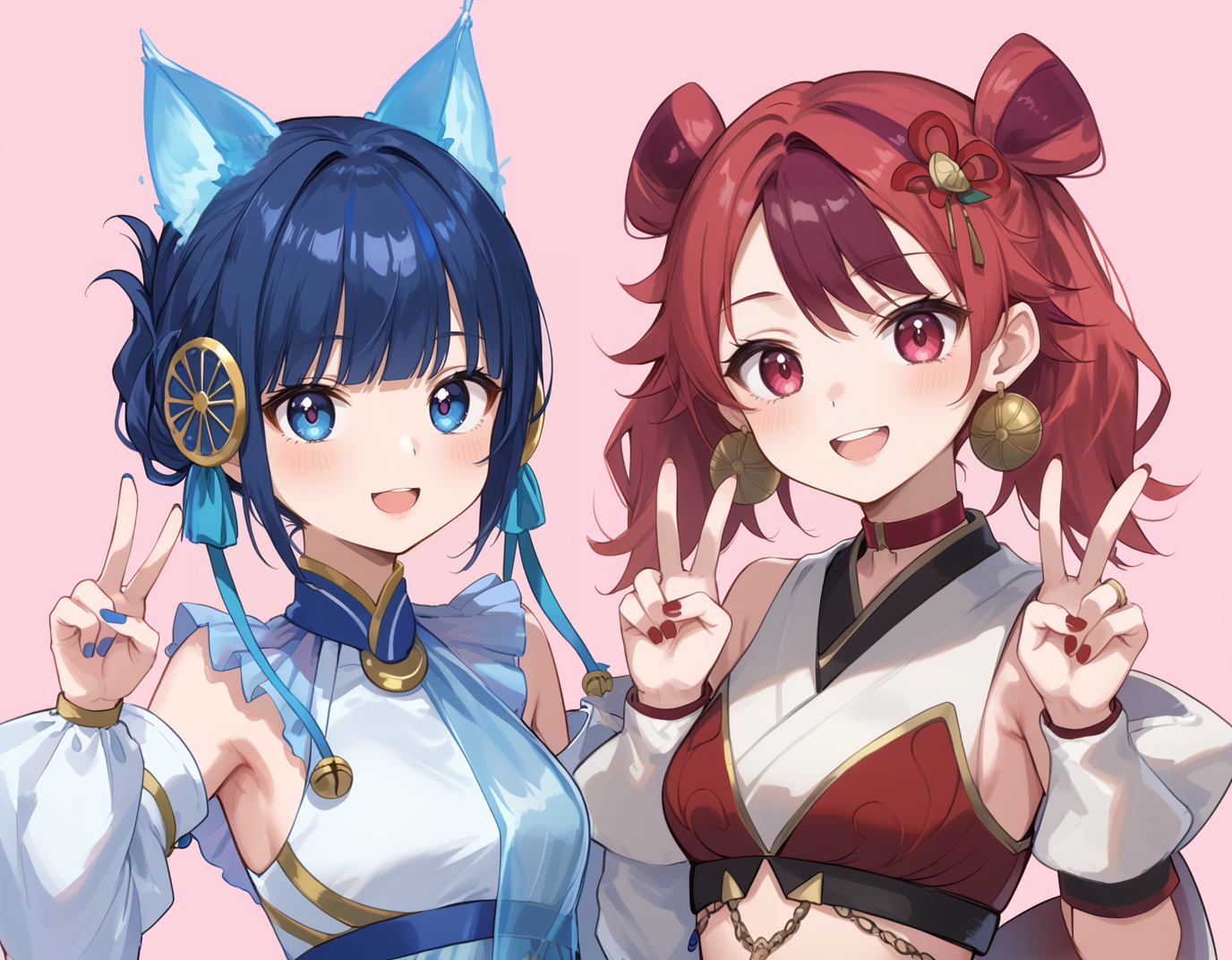 (score_9:0.9),score_8_up,score_7_up,rating_safe,(zPDXL3),2girls,double v,smile,open mouth,looking at viewer,red nails,upper body,simple background,pink background,blush,:3,
BREAK nini the mirror mikanko,white detached sleeves,gold hair ornament,blue see-through dress,white crop top,jingle bell,
BREAK ha re the sword mikanko,single white detached sleeve,red crop top,red hair bow,bell earrings,red choker,white fingerless gloves,<lora:Ha Re the sword mikanko & Nini the Mirror Mikanko ponyXL v1:0.76>,