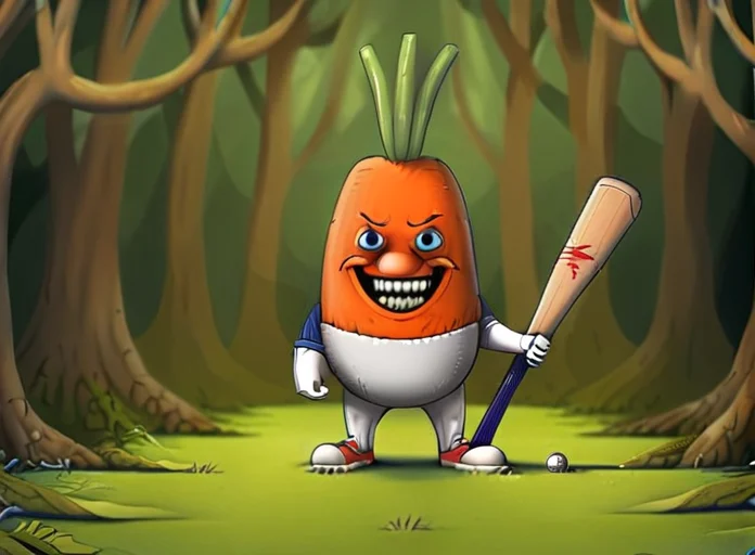 A mean (carrot) with a baseball bat in the forest <lora:rob_sheridan_drawing_style:1>