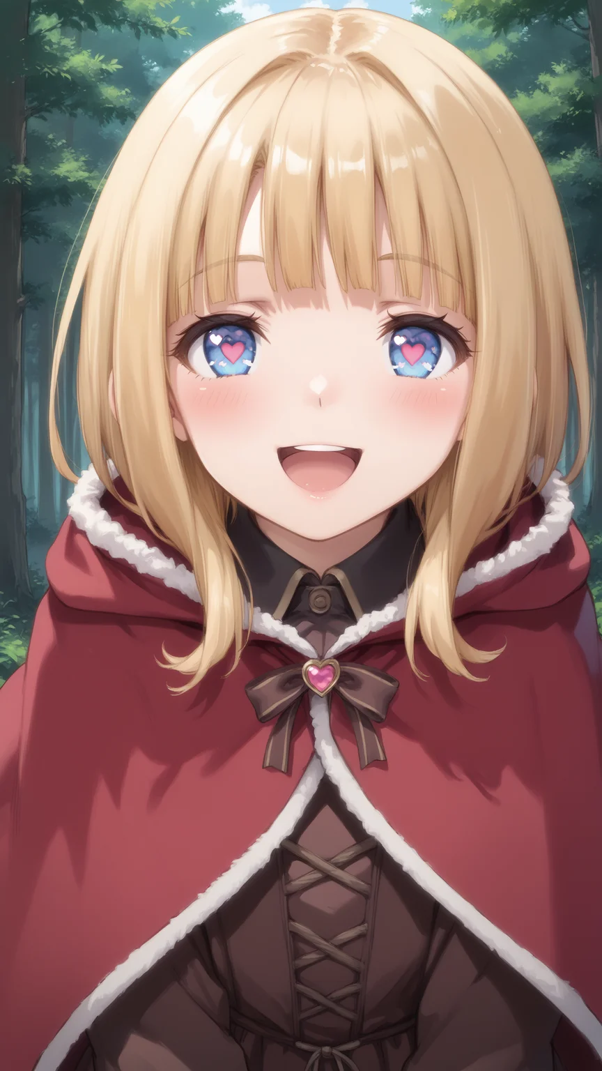 score_9, score_8_up, score_7_up, derpibooru_p_95, uncensored, masterpiece, absurdres, source_anime, 1girl, solo, standing, facing viewer, looking at viewer, hands at side, yandere, open mouth, smile, blush, outdoors, forest, close-up, BREAK, <lora:Anvil_Goblin_no_Suana:0.6>, anvil, blue eyes, heart-shaped pupils, blonde hair, medium hair, brown dress, red cloak,