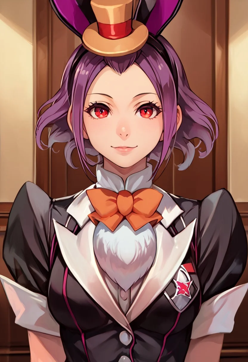 score_9, score_8_up, score_7_up, detailed, intricate details, chromatic aberration, realistic, veins source_anime, kuroinukaguya, , (best quality) , (highly detailed) ,((masterpiece)), ((best quality)), (ultra-detailed), ((extremely detailed)), (high resolution), 4K, (8K), best quality, (beautiful), (dynamic lighting), (super detailed skin), sharp focus, (1_girl, solo focus), score_9,score_8_up,score_7_up,anime coloring BREAK source_anime,anime, solo, perfect eyes, detailed eyes, beautiful female, detailed face, dynamics lines, 20 year old, perfect beautiful face, long eyelashes, sharp eyes pupils, (inside the palace:1.3), (upper body:1.5), medium breasts, (front view:1.2), 1 girl, purple hair, short hair red eyes, rabbit ears, top hat, lop ear