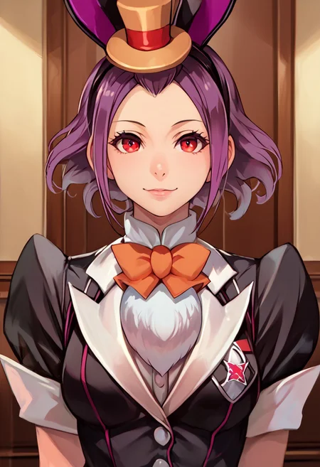 score_9, score_8_up, score_7_up, detailed, intricate details, chromatic aberration, realistic, veins source_anime, kuroinukaguya, , (best quality) , (highly detailed) ,((masterpiece)), ((best quality)), (ultra-detailed), ((extremely detailed)), (high resolution), 4K, (8K), best quality, (beautiful), (dynamic lighting), (super detailed skin), sharp focus, (1_girl, solo focus), score_9,score_8_up,score_7_up,anime coloring BREAK source_anime,anime, solo, perfect eyes, detailed eyes, beautiful female, detailed face, dynamics lines, 20 year old, perfect beautiful face, long eyelashes, sharp eyes pupils, (inside the palace:1.3), (upper body:1.5), medium breasts, (front view:1.2), 1 girl, purple hair, short hair red eyes, rabbit ears, top hat, lop ear