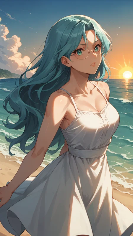 score_9,score_8_up,score_7_up,score_6_up, <lora:xl_more_art-full_v1:0.5>, source_anime, woman, dynamic pose, one arm behind her back, <lora:Eva Aensland - Pony-000004:0.8>, long hair, aqua hair, aqua eyes, round glasses, white sundress, seaside, ocean, waves, sunset, beach, outdoors