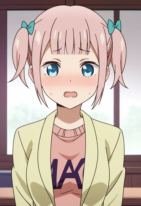 source_anime,anime screencap, anime coloring,intricate details,rating_safe, masterpiece, best quality,
(best quality, absurd res, ultra detailed),,(4 finger:0.5),1girl, ((solo)), good eyes,perfect eyes,,detailed eyes, zPDXLxxx , zPDXL3,detailed, detailed face
BREAK
solo,indoors,standing,front view, upper body,
moeha, blue eyes, pink hair, short hair, twintails, hair bow, jacket, pink shirt, long sleeves,
shy, blush, wavy_mouth, open mouth, sweatdrop, jitome, ,
, <lora:add-detail-xl:2> <lora:moeha:0.8>