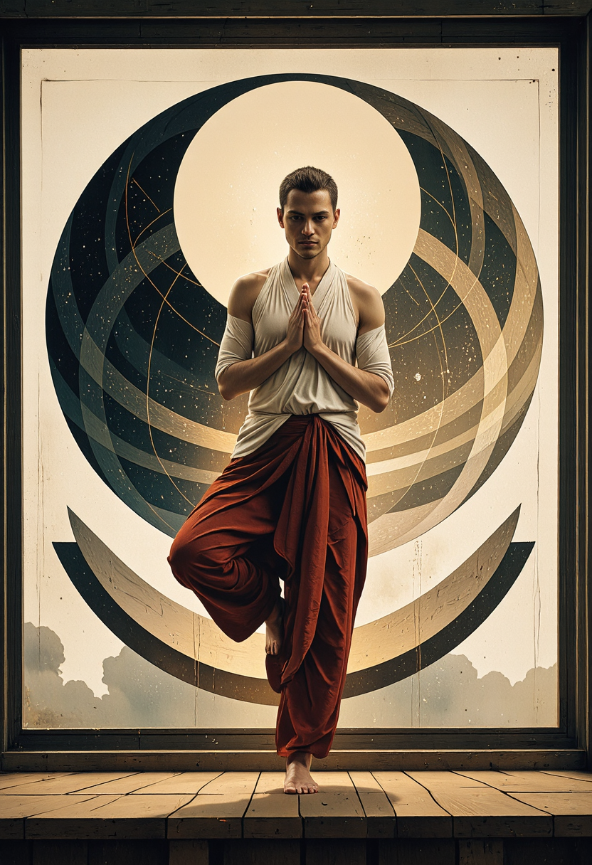 <lora:Pieper-Geometrics-Afterlife:0.8>,Op-Art, A striking artistic depiction of a serene monk balanced gracefully on one leg in a classic yoga pose, embodying harmony and inner peace. The monk's flowing robes and calm expression mirror the balance of the large, intricately designed yin and yang symbol dominating the background, its swirling patterns filled with ornate details. . The composition exudes tranquility and balance, with the monk positioned at the center of this mesmerizing interplay of opposites, Geometric Shapes, light fill the shapes becoming more and more transparent and brilliant. patterns dance and constrict and pulse