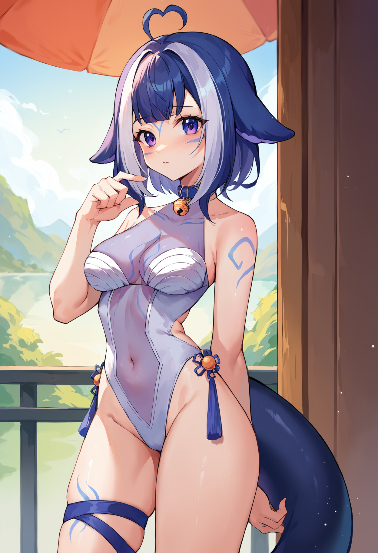 score_9, score_8_up, score_7_up, uncensored, source_anime, 1girl, <lora:spshylilyXLPony:1> shylily3rd, heart ahoge, facial mark, fins, body markings, cetanean tail, blue collar, belt collar, jingle bell, see-through swimsuit, white one-piece swimsuit, casual one-piece swimsuit, see-through cleavage, highleg swimsuit, thigh strap, halterneck, animal hood, cowboy shot, outdoors, :d