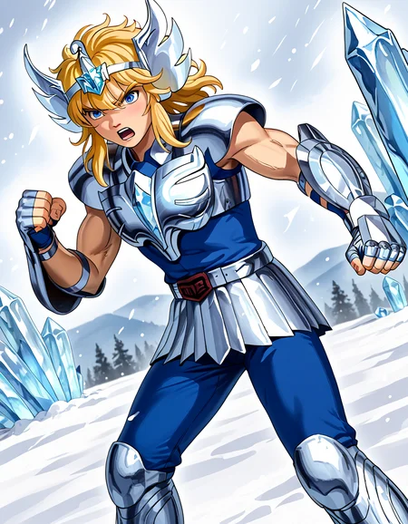 Score_9,Score_8_up,Score_7_up,in winter,grove,snowing,(snow:1.2),snow crystals,(ice crystals:1.5),ice background,Sputtered ice,frozen background,the trajectory of light,<lora:Cygnus_Hyoga_Saint_Seiya_PDXL:1>,cygnushyov1,1boy,blue eyes,slender figure,toned male,swan circlet,silver pauldrons,silver armor,fingerless silver gauntlets,circle plated vambrace,belt,silver tassets,blue pants,silver greaves,blue undershirt,belt buckle,wavy blonde hair,serious look,shouting,glaring,punching,fighting_stance,looking_at_viewer,fighting,dynamic_angle,cinematic_angle,i'm going to hit you,white aura,