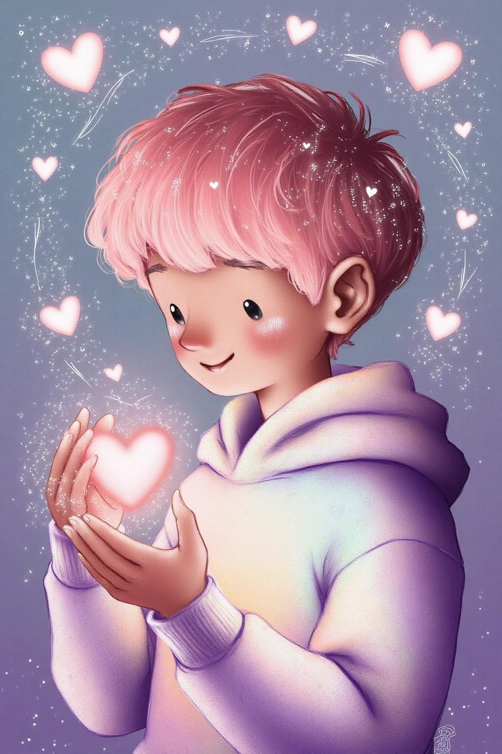illustration.
A young boy with short, fluffy pink hair styled in a messy, slightly tousled manner. He has a small, gentle smile and are dressed in a light purple, long-sleeved hoodie with a subtle gradient effect, giving it a soft, dreamy appearance. There are hearts and glowing dusk floating in the air, seemingly eminating from the boy's glowing glove. <lora:alicesa1_cap_d6a3:1.0><lora:830702703178006529:0>