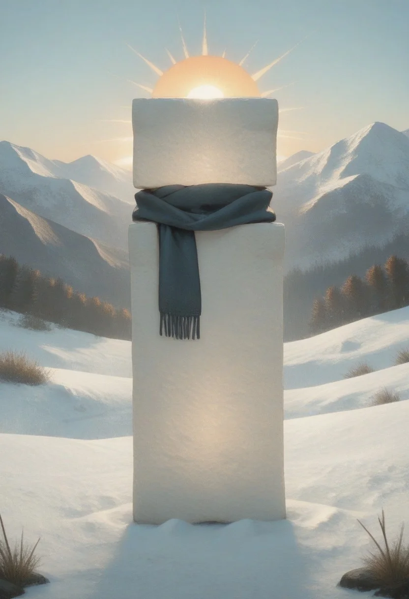 masterpiece, best quality, amazing quality, very aesthetic, absurdres, newest, 1other, t0fu,trineal,hued shading, vibrant shading, detailed shading, outdoors, snow, mountaintop, sun, sun rays, panoramic view, scarf
