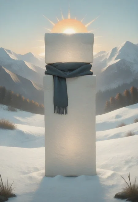 masterpiece, best quality, amazing quality, very aesthetic, absurdres, newest, 1other, t0fu,trineal,hued shading, vibrant shading, detailed shading, outdoors, snow, mountaintop, sun, sun rays, panoramic view, scarf