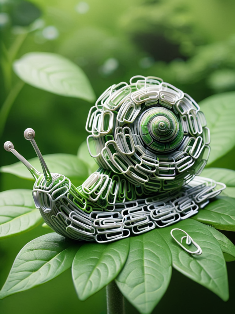a helix snail made completely out of ais-paperclips, sat on a green leaf, in the garden <lora:Paperclips_Style_SDXL:1>
