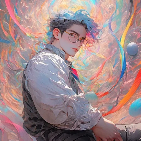 ((1,male,youth)),20 years old (((masterpiece))),look at viewer ((ultra-detailed)), smoke, mystical colors, (muscular)sitting ,legs-open,((chubby ))chest)open shirt,Asian,Korean actor, pastel rainbow Collared shirt, rainbow-hair,glasses,contemporary impressionism, iridescent perspective view, sweeping circling composition, UHD, HDR, 8K, the most beautiful portrait in the world, Non-representational, colors and shapes, expression of feelings, imaginative, outer worldly planets in different colors, ((Ultra-detailed face)), (((stunning high-definition))), radiating vibrant, dramatic lighting, mystical atmosphere, vast sky with swirling galaxies, fine fractal glossy vivid colored shiny contours outlines , (happy face )trapped inside, photograph, photorealistic, ultra-realistic, swirling ribbons of ink and light,
