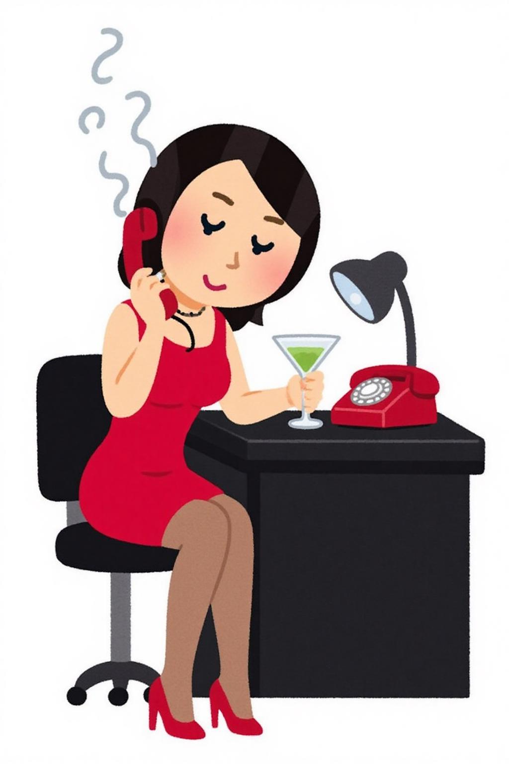 irasutoya1 illustration.
 A woman is sitting on a black desk. She is dressed in a red dress, stockings, and high-heeled shoes. She is holding a cigarette, with smoke rising above her. On the desk are a red rotary telephone, a desk lamp, and a martini glass.
 <lora:irasutoya1_cap_d8a4e8:1.0><lora:846885352881820276:0>
