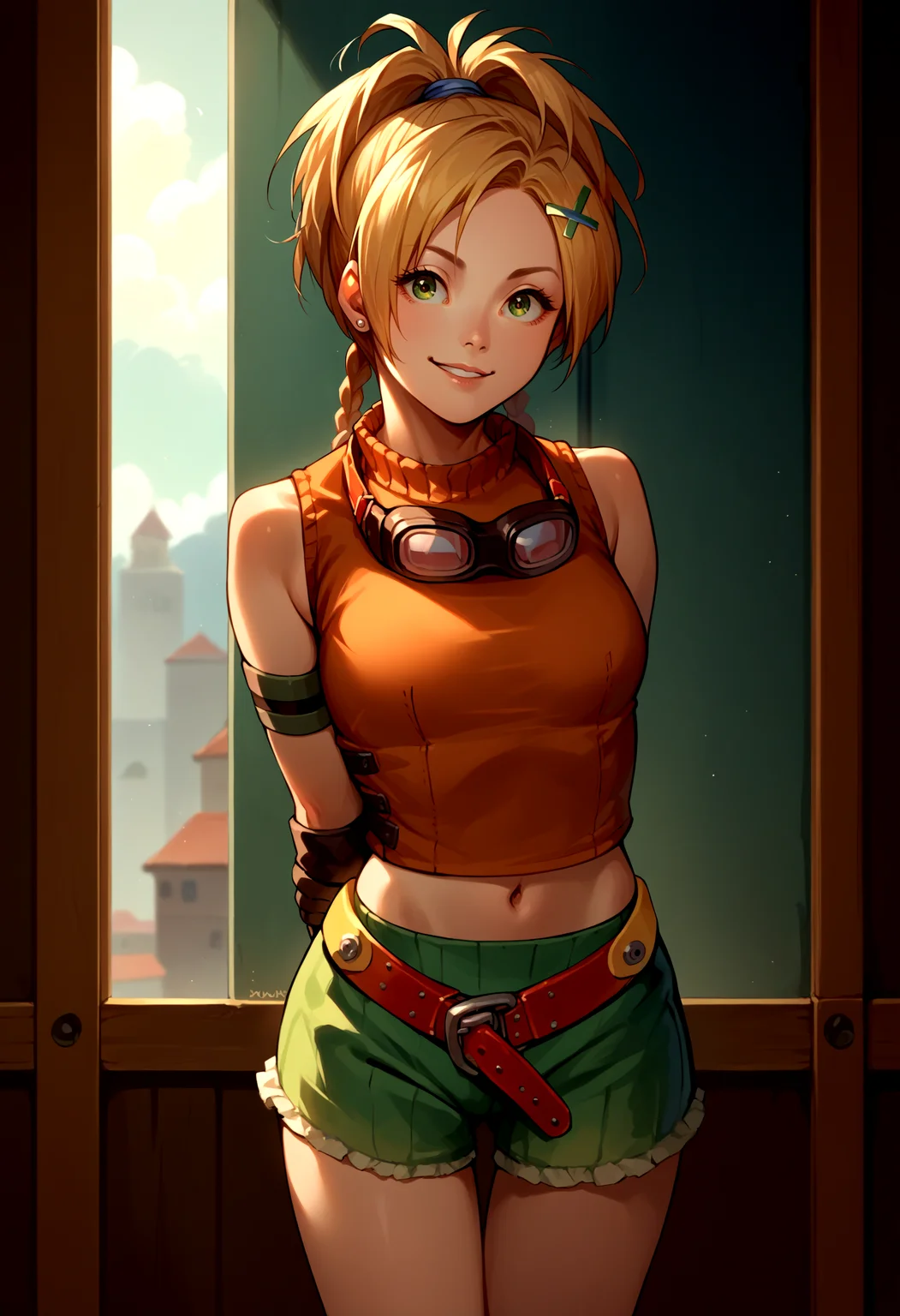 score_9, score_8_up, source_anime, 1girl, RikkuX, x hair ornament, goggles around neck, fingerless gloves, midriff, navel, belt, <lora:RikkuX_XLPD:1>, cowboy shot, seductive smile, arms behind back, indoors,