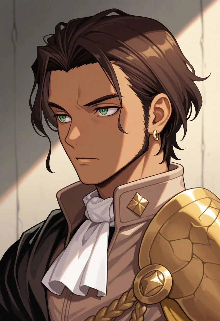 masterpiece,best quality,amazing quality, source_anime,
ClaudeVonRiegan, 1boy, male focus, solo, green eyes, brown hair, dark-skinned male, jewelry, earrings, aged up, facial hair, ascot, white ascot, single shoulder armor, cape, yellow cape, jacket, brown jacket, portrait,