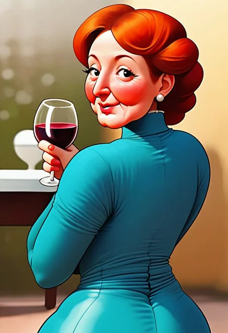 Voluptuous, attractive 50 year old granny, auburn bouffant, big tits straining against tight blouse, tight blouse, plump cheeks seductive, mascara, long eye-lashes, earrings, double-chin, mature older woman
red lips, tight black bellbottom trousers, huge thighs, sitting on chair, facing the viewer
even, Moon filling the dusky sky, bluish hue, back garden, guests drinking wine and chatting