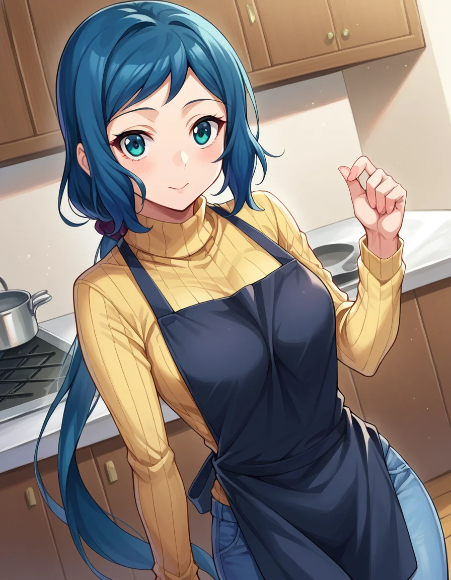 score_9, score_8_up, score_7_up, source_anime,
ioririnko, <lora:iori-rinko-ponyxl-lora-nochekaiser:1>,
iori rinko, blue hair, blue eyes, sidelocks,
apron, denim, jeans, long hair, pants, ponytail, ribbed sweater, sweater, turtleneck, very long hair,
indoors, kitchen,
looking at viewer, dutch angle, cowboy shot,